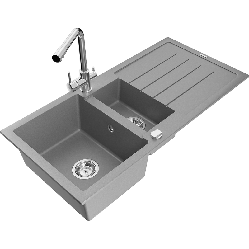 Mexen Andres lava-louça em granito 1,5 bacias com escorredor e torneira de cozinha Duero, cinza - 6515-71-671600-00