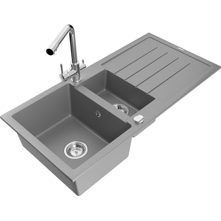 Mexen Andres fregadero de granito de 1.5 senos con escurridor y grifo de cocina Duero, gris - 6515-71-671600-00