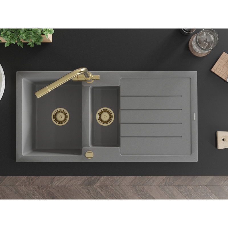 Mexen Andres granieten spoelbak 1,5-baks met afdruiprek en keukenmengkraan Duero, grijs - 6515-71-671600-50