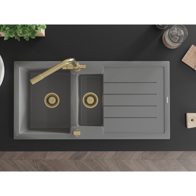 Mexen Andres lavello in granito 1,5 vasca con gocciolatoio e rubinetto da cucina Duero, grigio - 6515-71-671600-50
