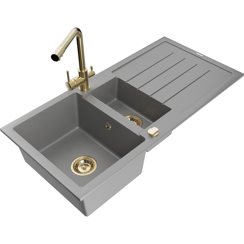 Mexen Andres fregadero de granito de 1,5 senos con escurridor y grifo de cocina Duero, gris - 6515-71-671600-50