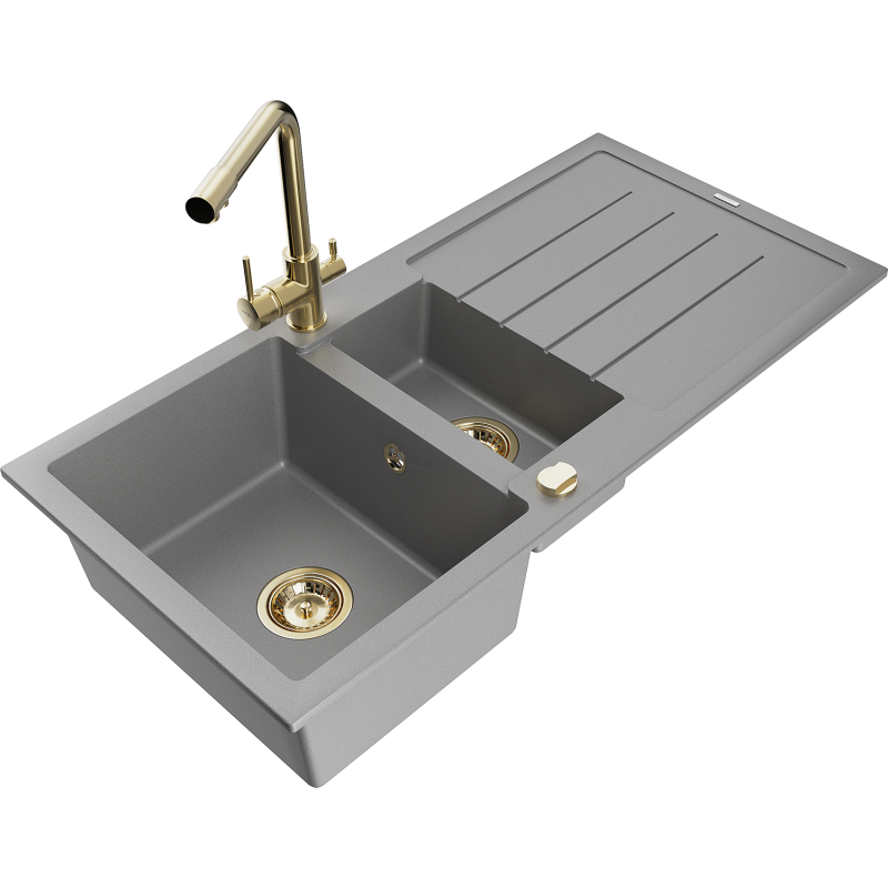 Mexen Andres granieten spoelbak 1,5-baks met afdruiprek en keukenmengkraan Duero, grijs - 6515-71-671600-50