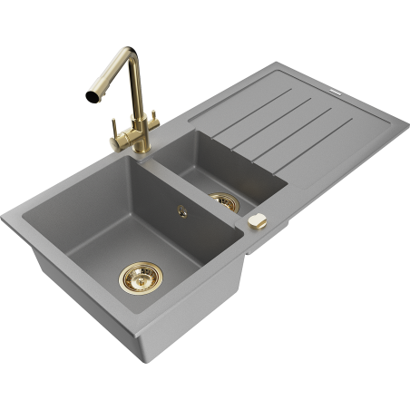Mexen Andres fregadero de granito de 1,5 cubetas con escurridor y grifo de cocina Duero, gris - 6515-71-671600-50