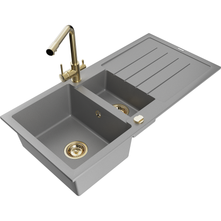 Mexen Andres granite sink 1.5-bowl with drainer and kitchen faucet Duero, gray - 6515-71-671600-50