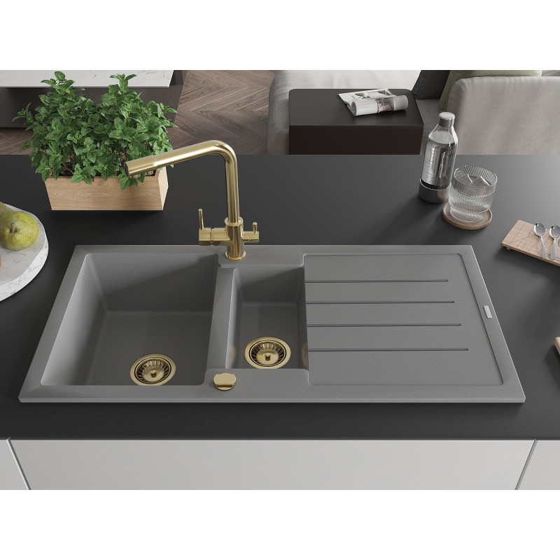 Mexen Andres granitische gootsteen 1,5-kamer met afdruiprek en keukenmengkraan Duero, grijs - 6515-71-671600-50