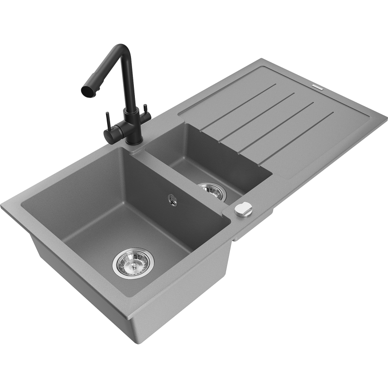 Mexen Andres fregadero de granito 1,5 senos con escurridor y grifo de cocina Duero, gris - 6515-71-671600-70