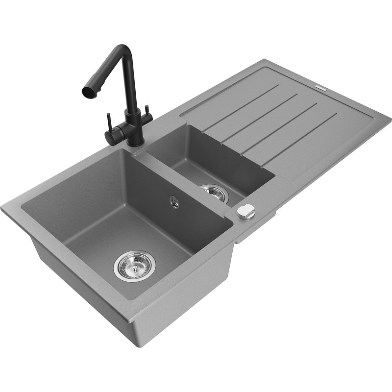 Mexen Andres granitische spoelbak 1,5-kompartimenten met afdruiprek en keukenkraan Duero, grijs - 6515-71-671600-70
