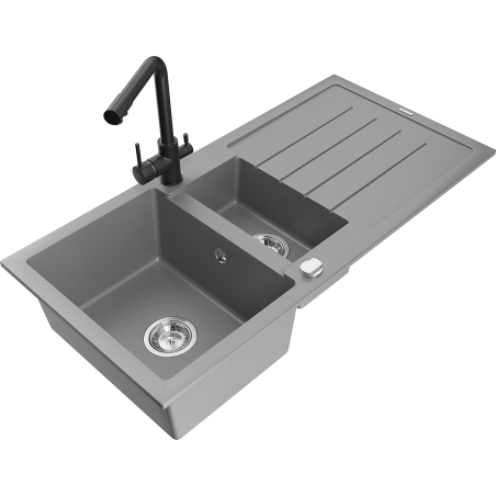 Mexen Andres fregadero de granito 1,5 senos con escurridor y grifo de cocina Duero, gris - 6515-71-671600-70