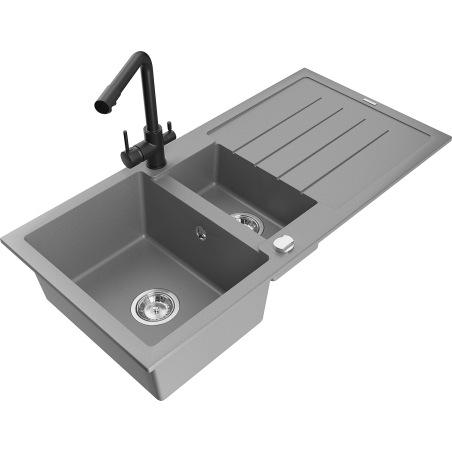 Mexen Andres granitische gootsteen 1,5-kamer met afdruiprek en keukenkraan Duero, grijs - 6515-71-671600-70