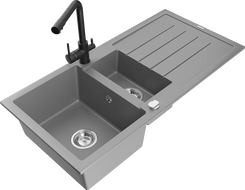 Mexen Andres granitno pomivalno korito 1,5-komorno z odcejalnikom in kuhinjsko pipo Duero, sivo - 6515-71-671600-70