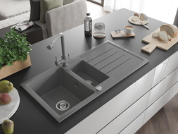 Mexen Andres 1.5-bowl granite sink with drainer and Duero kitchen tap, grey - 6515-71-671600-71