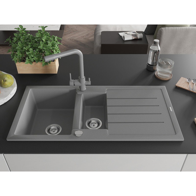 Mexen Andres granit spoelbak 1,5-komors met afdruiprek en keukenkraan Duero, grijs - 6515-71-671600-71