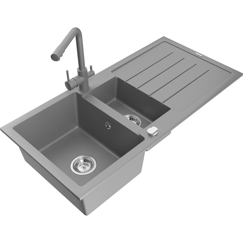 Mexen Andres granieten spoelbak 1,5-kamer met afdruiprek en keukenmengkraan Duero, grijs - 6515-71-671600-71