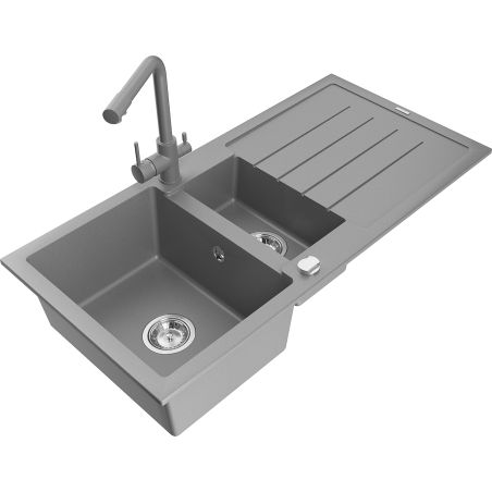 Mexen Andres granieten spoelbak 1,5-kamer met afdruiprek en keukenmengkraan Duero, grijs - 6515-71-671600-71