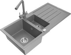 Mexen Andres 1.5-bowl granite sink with drainer and Duero kitchen tap, grey - 6515-71-671600-71