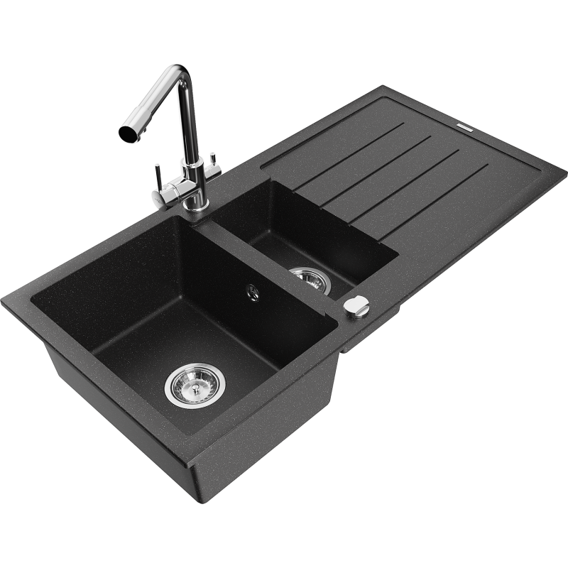 Mexen Andres fregadero de granito de 1,5 senos con escurridor y grifo de cocina Duero, negro/plata - 6515-73-671600-00