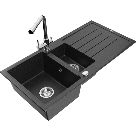 Mexen Andres fregadero de granito de 1,5 cubetas con escurridor y grifo de cocina Duero, negro/plata - 6515-73-671600-00