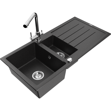 Mexen Andres Granit Sink 1.5-Bowl with Drainer and Duero Kitchen Tap, Black/Silver - 6515-73-671600-00