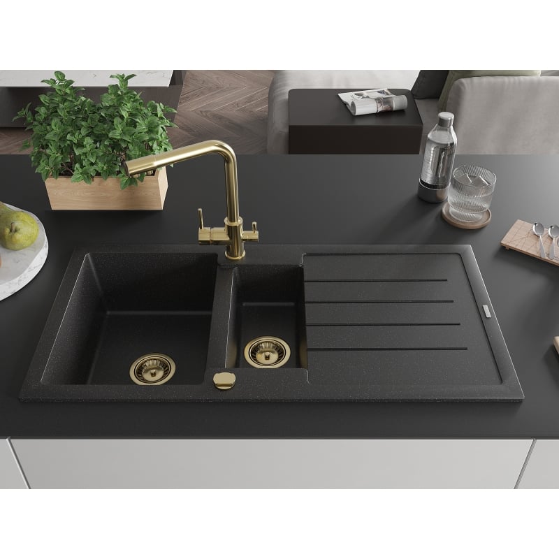 Mexen Andres granite sink 1.5-bowl with drainer and Duero kitchen faucet, black/silver - 6515-73-671600-50