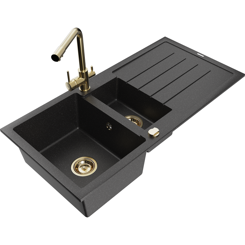 Mexen Andres granieten spoelbak 1,5-kamer met afdruiprek en keukenmengkraan Duero, zwart/zilver - 6515-73-671600-50