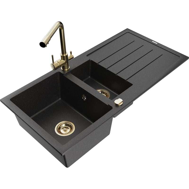 Mexen Andres granite sink 1.5-bowl with drainer and Duero kitchen faucet, black/silver - 6515-73-671600-50