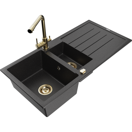 Mexen Andres granieten spoelbak 1,5-kamer met afdruiprek en keukenmengkraan Duero, zwart/zilver - 6515-73-671600-50