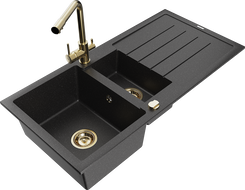 Mexen Andres granite sink 1.5-bowl with drainer and Duero kitchen faucet, black/silver - 6515-73-671600-50