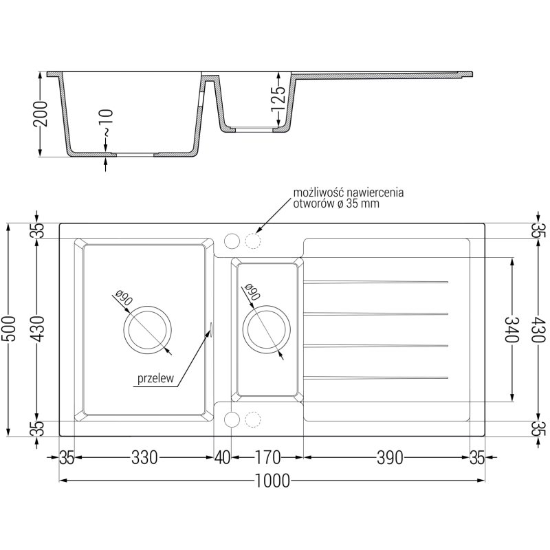 Mexen Andres granieten spoelbak 1,5-kamer met afdruiprek en keukenmengkraan Duero, zwart/zilver - 6515-73-671600-50