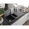 Mexen Andres fregadero de granito 1,5 con escurridor y grifo de cocina Duero, negro/plateado - 6515-73-671600-70