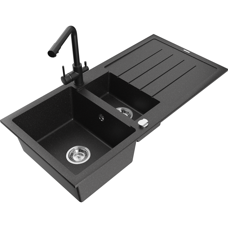 Mexen Andres lava-loiça de granito de 1,5 cubas com escorredor e torneira de cozinha Duero, preto/prateado - 6515-73-671600-70