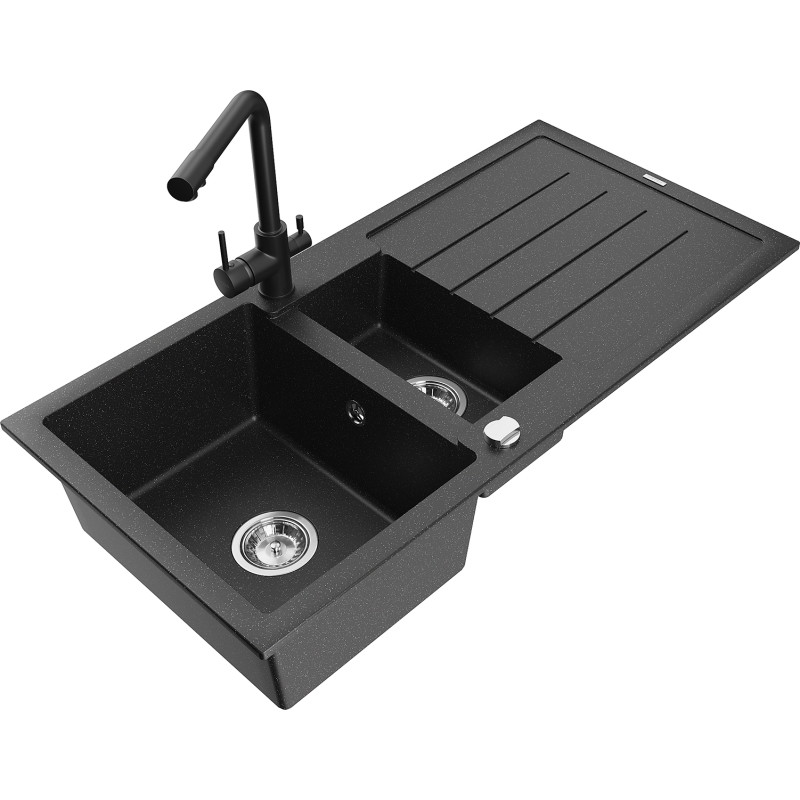 Mexen Andres zlewozmywak granitowy 1,5-komorowy z ociekaczem i baterią kuchenną Duero, czarny/srebrny - 6515-73-671600-70