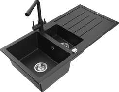 Mexen Andres 1.5-bowl granite sink with drainer and Duero kitchen faucet, black/silver - 6515-73-671600-70