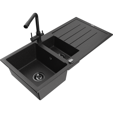 Mexen Andres fregadero de granito de 1,5 senos con escurridor y grifo de cocina Duero, negro/plata - 6515-73-671600-70-B