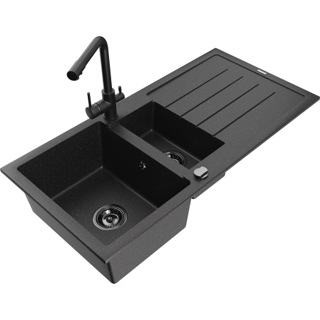 Mexen Andres granite sink 1.5-bowl with drainer and Duero kitchen tap, black/silver - 6515-73-671600-70-B