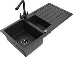 Mexen Andres granieten gootsteen 1,5-kamer met afdruiprek en keukenkraan Duero, zwart/zilver - 6515-73-671600-70-B