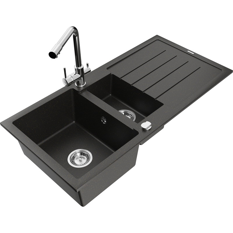 Mexen Andres granit gootsteen 1,5-kamerig met afdruiprek en keukenkraan Duero, zwart/goud - 6515-75-671600-00