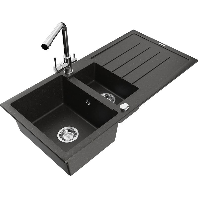 Mexen Andres granitdiskho med 1,5 fack och avlopp samt köksblandare Duero, svart/guld - 6515-75-671600-00