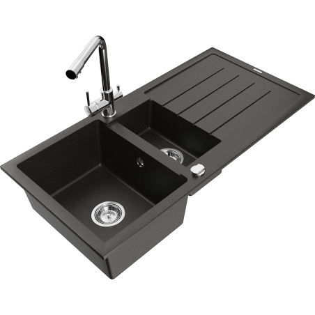 Mexen Andres 1.5-bowl granite sink with drainer and Duero kitchen tap, black/gold - 6515-75-671600-00