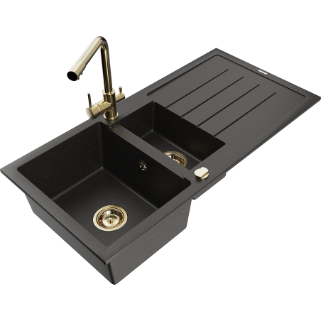 Mexen Andres 1,5-Kammer-Einbauspüle aus Granit mit Abtropffläche und Küchenarmatur Duero, schwarz/gold - 6515-75-671600-50