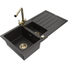Mexen Andres granit spoelbak 1,5-compartiment met afdruiprek en keukenmengkraan Duero, zwart/goud - 6515-75-671600-50