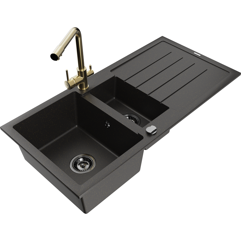 Mexen Andres 1.5-bowl granite sink with drainer and Duero kitchen tap, black/gold - 6515-75-671600-50-B