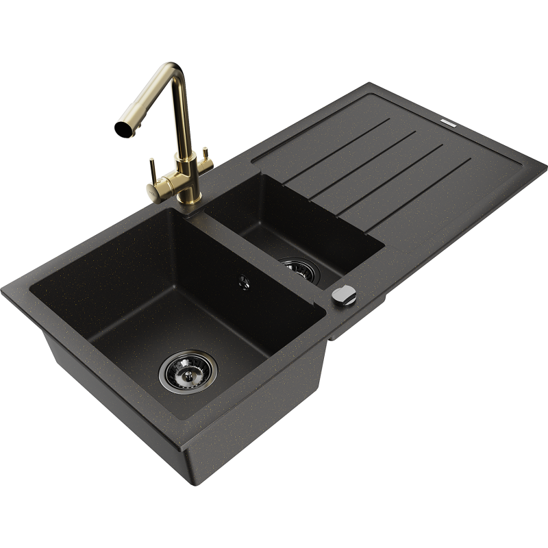 Mexen Andres fregadero de granito de 1,5 senos con escurridor y grifo de cocina Duero, negro/oro - 6515-75-671600-50-B