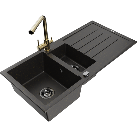 Mexen Andres granitische spoelbak 1,5-komoren met afdruiprek en keukenkraan Duero, zwart/goud - 6515-75-671600-50-B