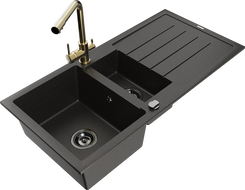 Mexen Andres 1.5-Bowl Granite Sink with Drainer and Duero Kitchen Faucet, Black/Gold - 6515-75-671600-50-B