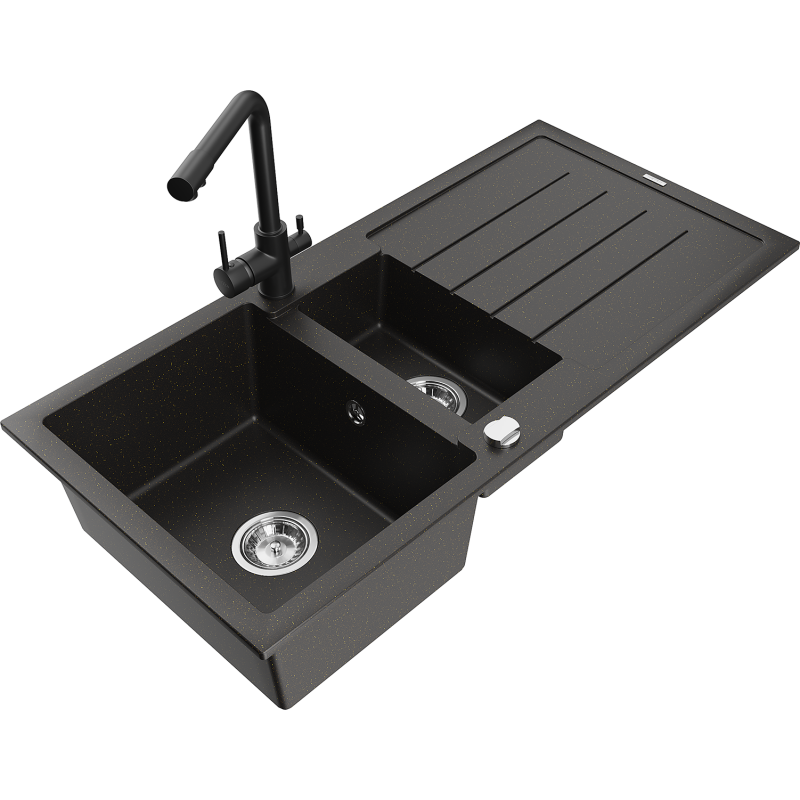Mexen Andres 1.5-bowl granite sink with drainer and Duero kitchen tap, black/gold - 6515-75-671600-70