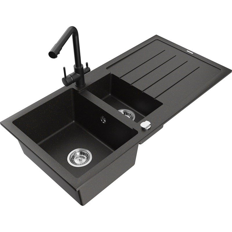 Mexen Andres fregadero de granito 1,5 compartimentos con escurridor y grifo de cocina Duero, negro/dorado - 6515-75-671600-70