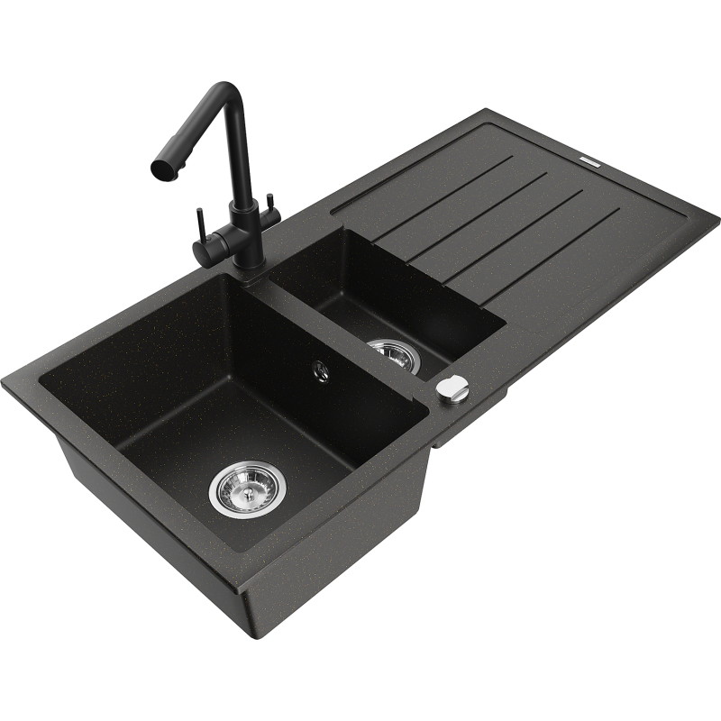 Mexen Andres fregadero de granito de 1,5 senos con escurridor y grifo de cocina Duero, negro/dorado - 6515-75-671600-70