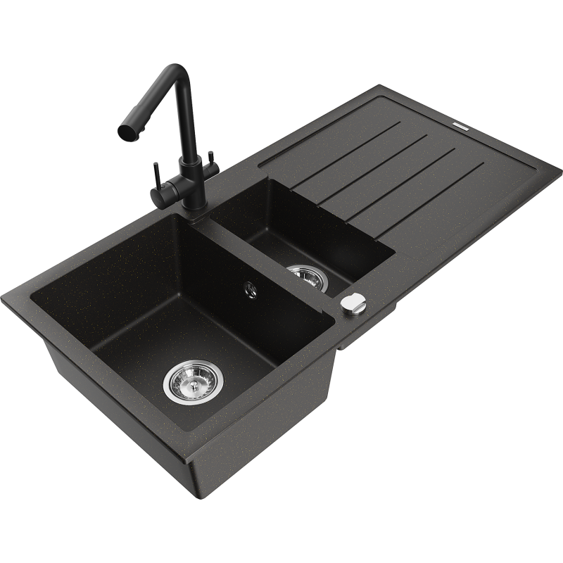 Mexen Andres granitdiskho med 1,5 kammare och avrinningsyta och köksblandare Duero, svart/guld - 6515-75-671600-70