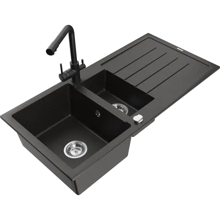 Mexen Andres 1.5-bowl granite sink with drainer and Duero kitchen tap, black/gold - 6515-75-671600-70