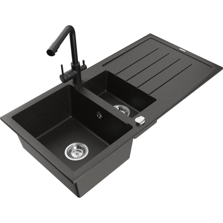 Mexen Andres granitstenen spoelbak 1,5-kamers met afdruipplank en keukenkraan Duero, zwart/goud - 6515-75-671600-70